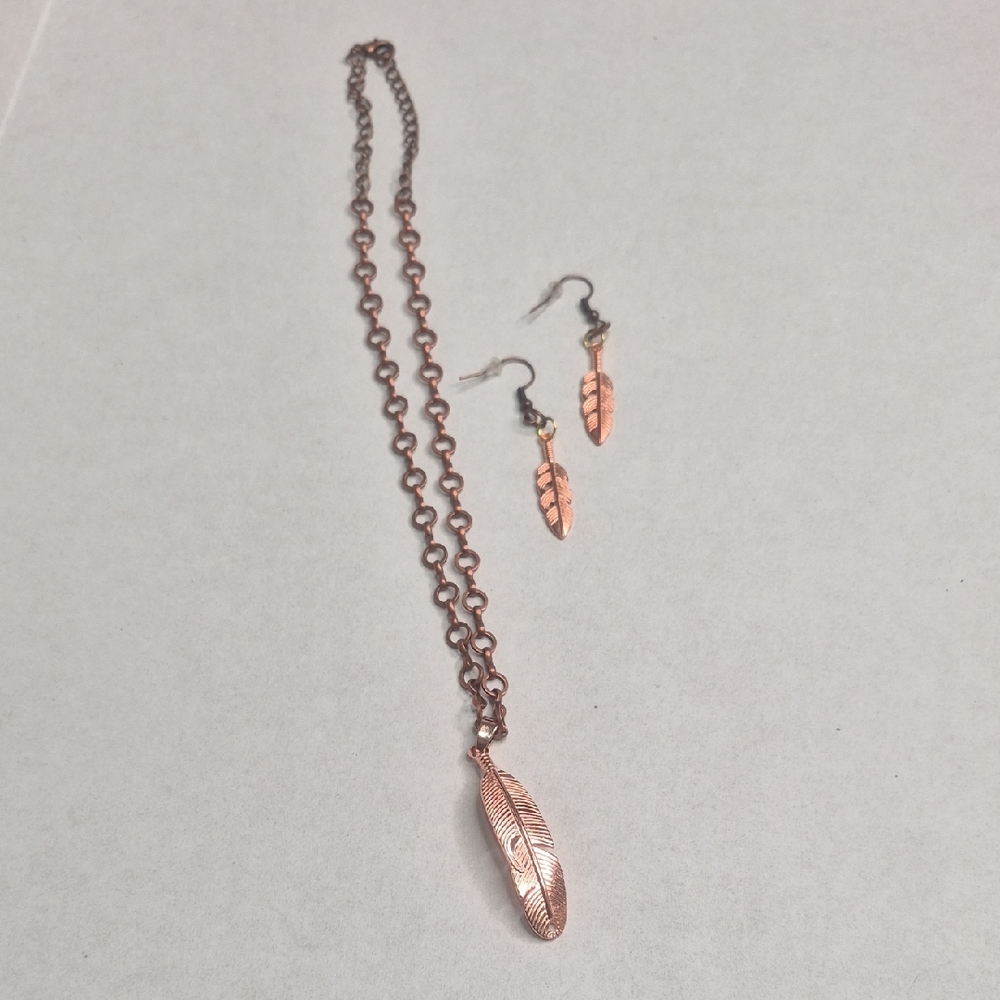 Feather Pendant Necklace and Earrings Set - Rose Gold